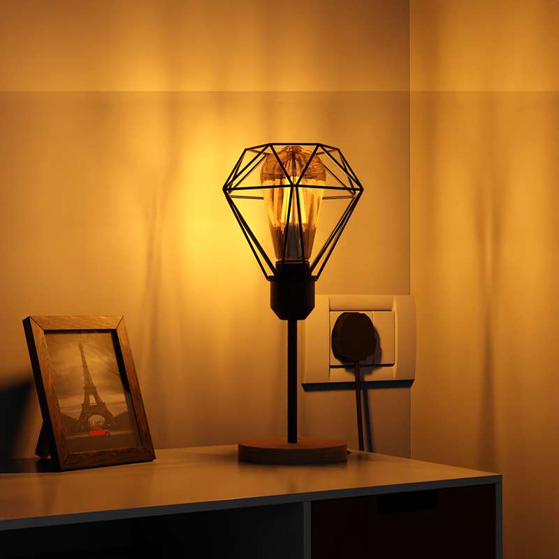 Vintage Diamond Bulb Guard Cage Table Lamp – E27 Wood Base~4918-4