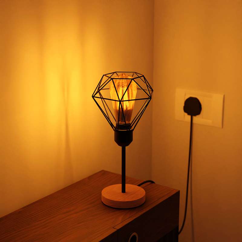 Vintage Diamond Bulb Guard Cage Table Lamp – E27 Wood Base~4918-3