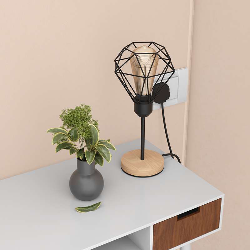 Vintage Diamond Bulb Guard Cage Table Lamp – E27 Wood Base~4918-0