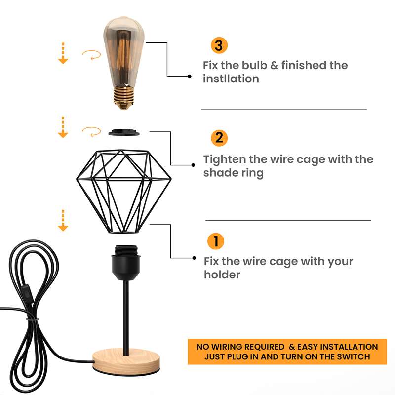 Vintage Diamond Bulb Guard Cage Table Lamp – E27 Wood Base~4918-2