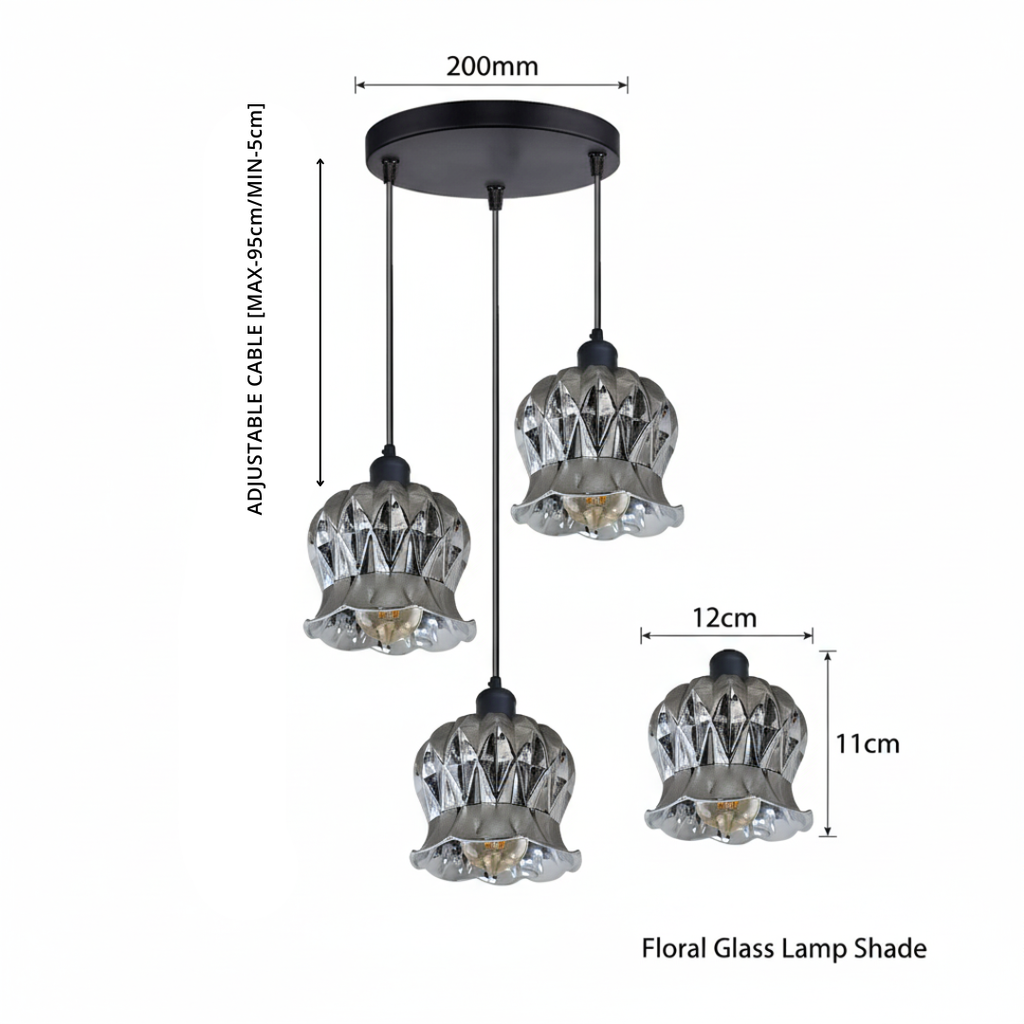 Vintage Floral Glass 3-Light Cluster Pendant | Adjustable Ceiling Light ~6420-1