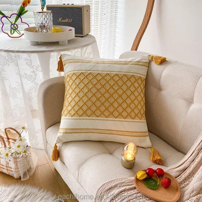 Moroccan Boho Tassel Cushion Cover | Woven Tufted Design - 45x45cm Home Décor-1