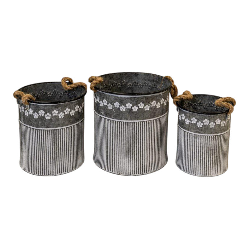 Set of 3 Zinc Planters Flower & Rib Design-0