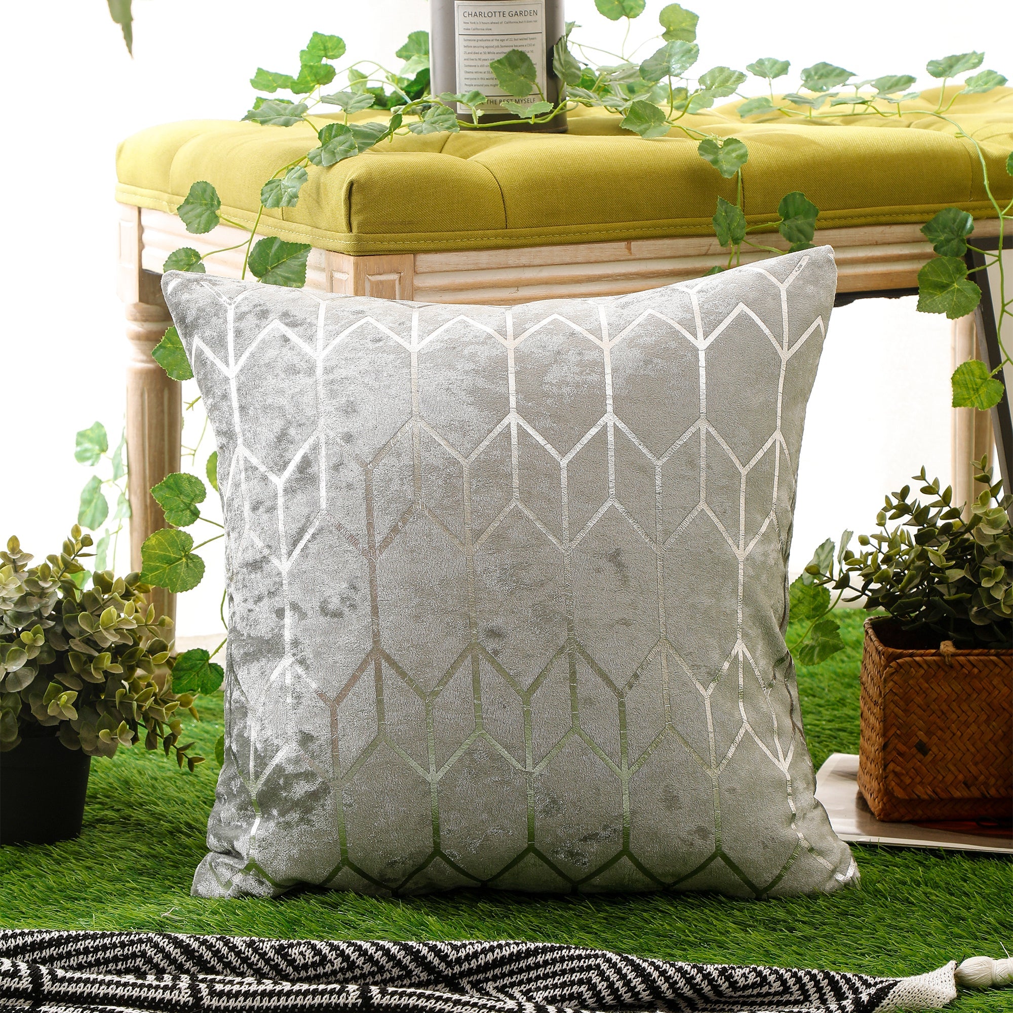 Crushed Ice Velvet Square Cushion Cover - Metallic Sparkle Geometric Design( Silver Grey- 45X45CM )-2