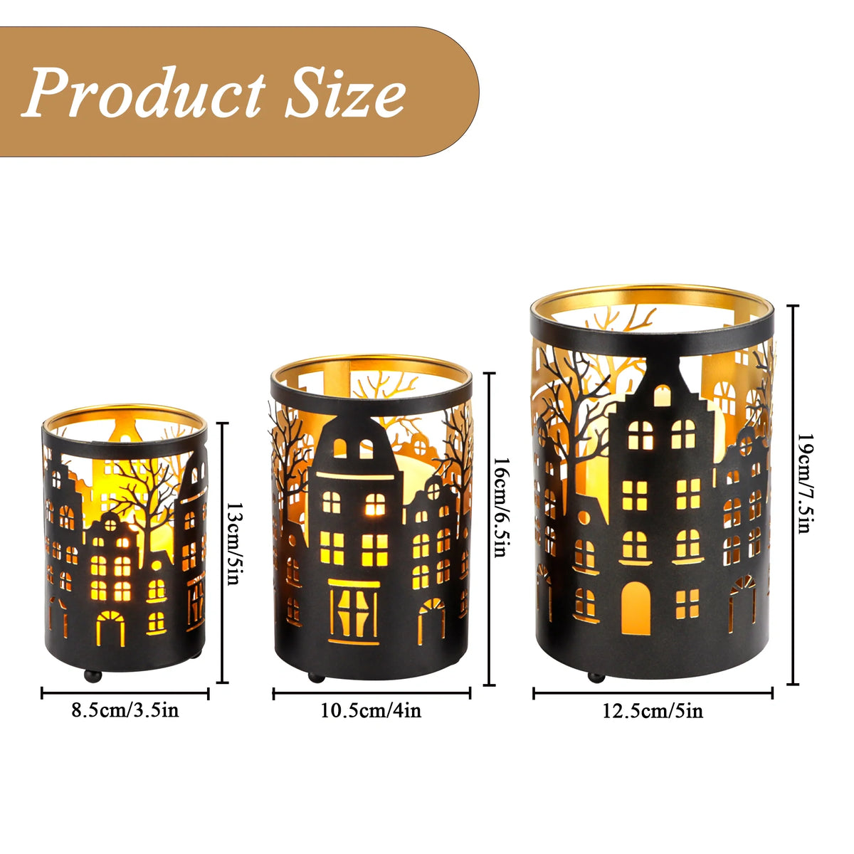 12PCS Village Silhouette Candle Lantern 7.5" H Etched Bronze Metal Candle Holder Decorations for Living Room Tabletop Parties Patio Entryway Indoors Outdoors-2