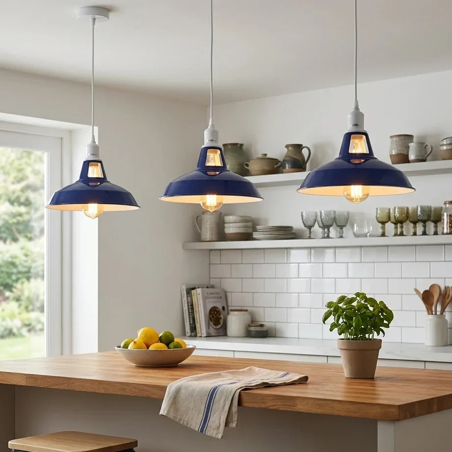 Navy Blue Industrial Pendant Light Barn Slotted Metal Shade E27