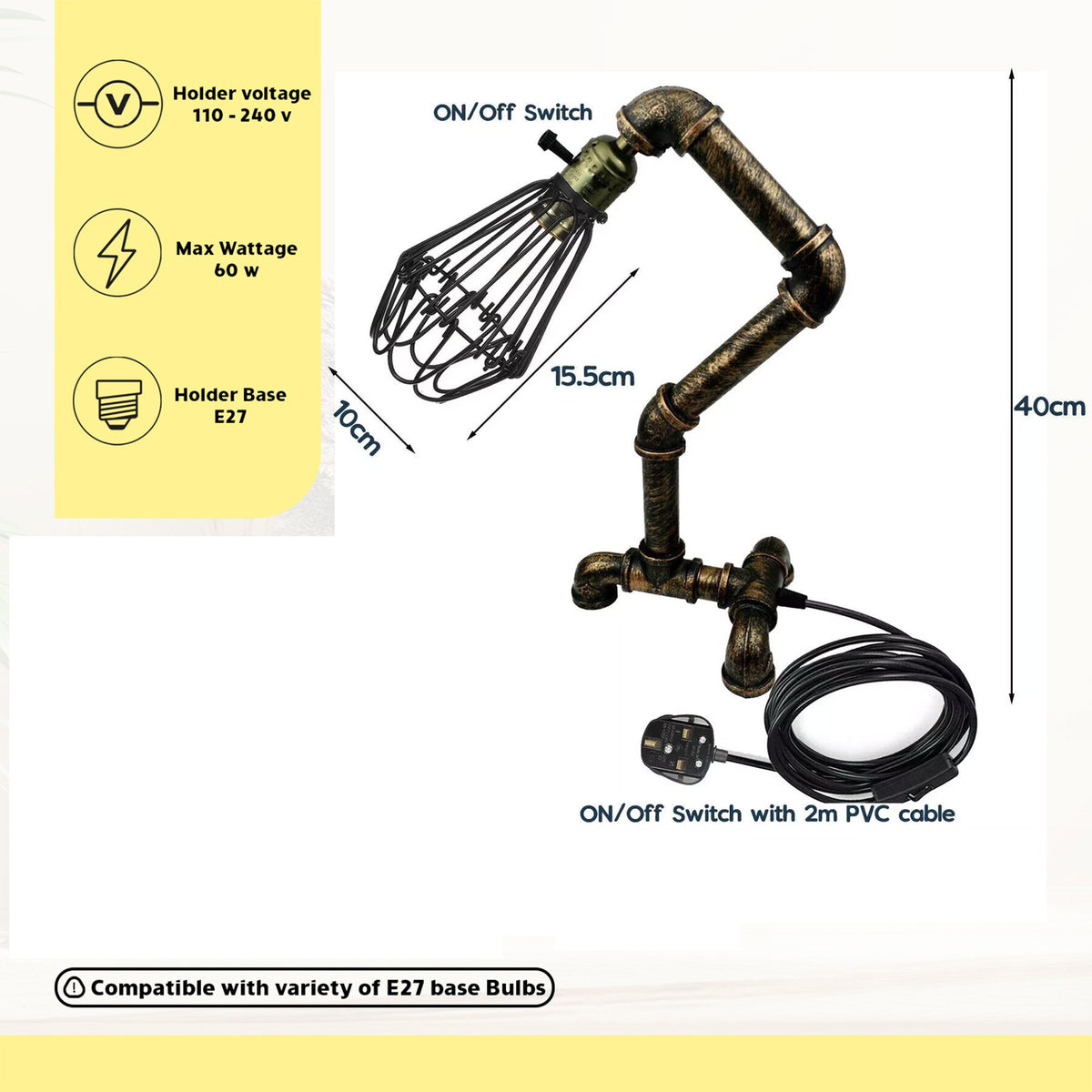 Steampunk Water Pipe Desk Lamp Retro Plugin Lighting ~6091-2