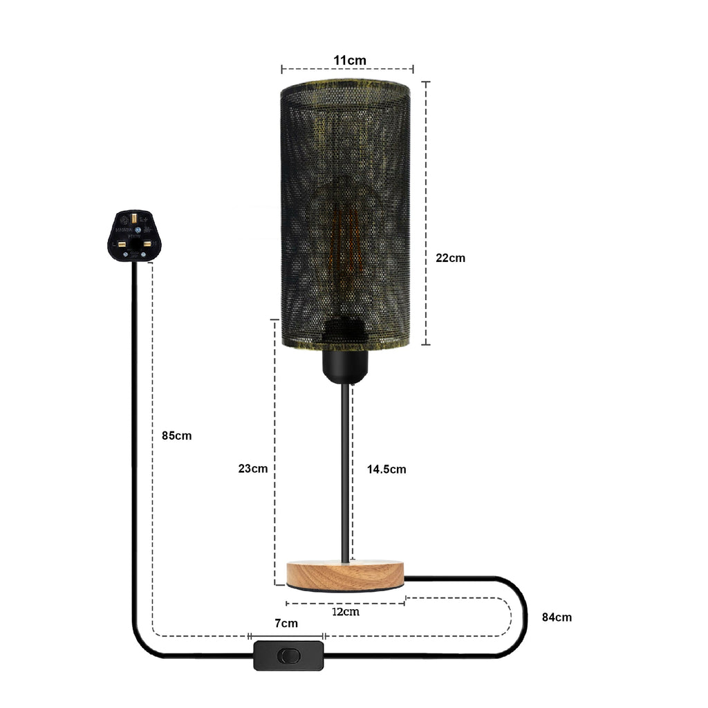 Industrial Wire Cage Table Lamp with Wooden Base E27 Plug-In~5351-2