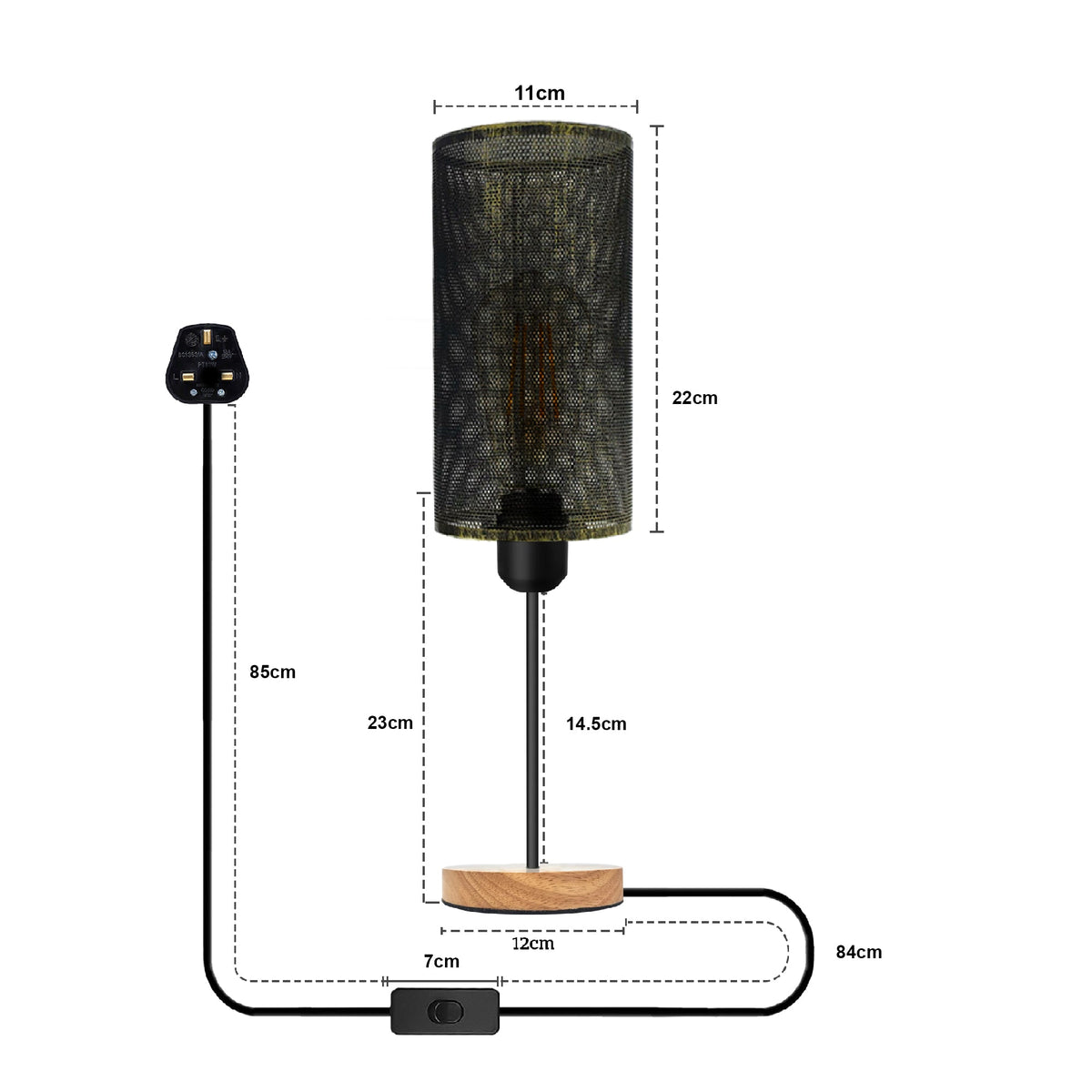 Industrial Wire Cage Table Lamp with Wooden Base E27 Plug-In~5351-2