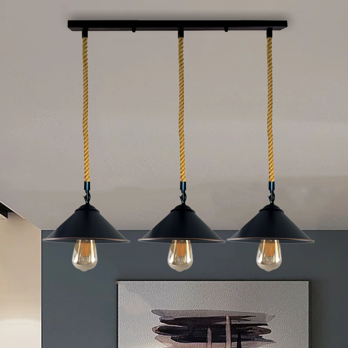 Vintage Retro Industrial Loft Cone Hemp rope 3 head Pendant Light Retro Lamp~3786-0