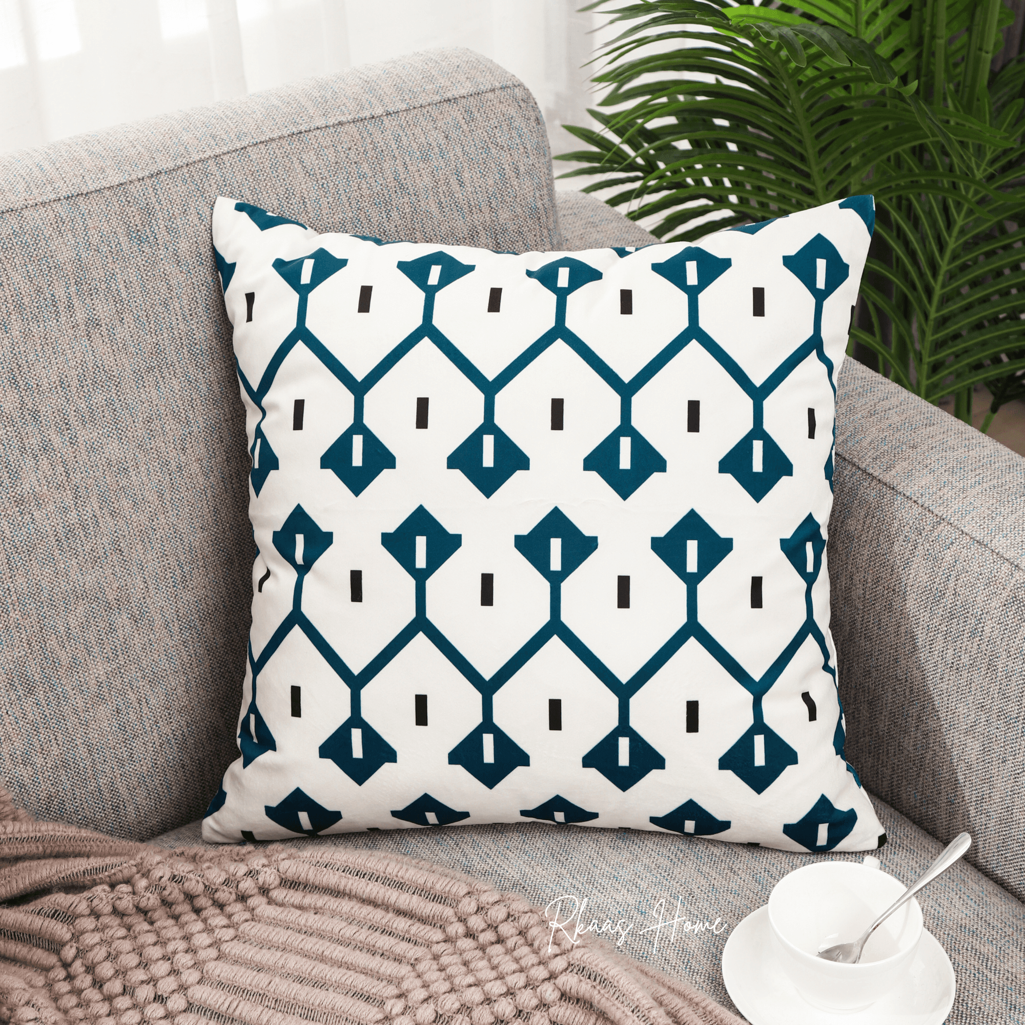 Designer Dutch Velvet Geometric Cushion Cover 45x45 cm - Blue-3