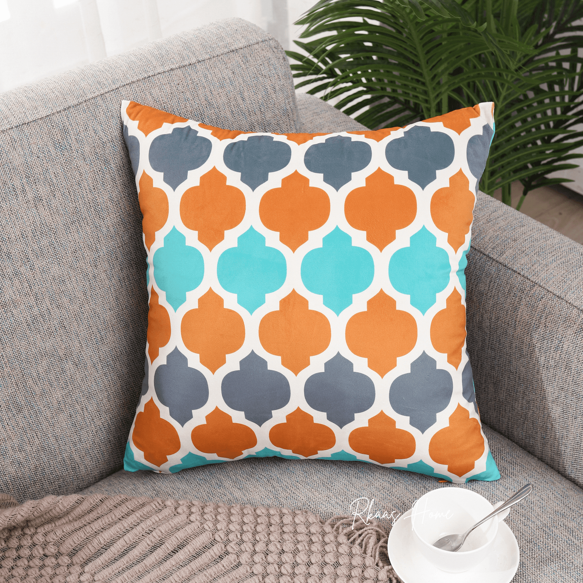 Designer Dutch Velvet Geometric Cushion Cover 45x45 cm - Orange-2