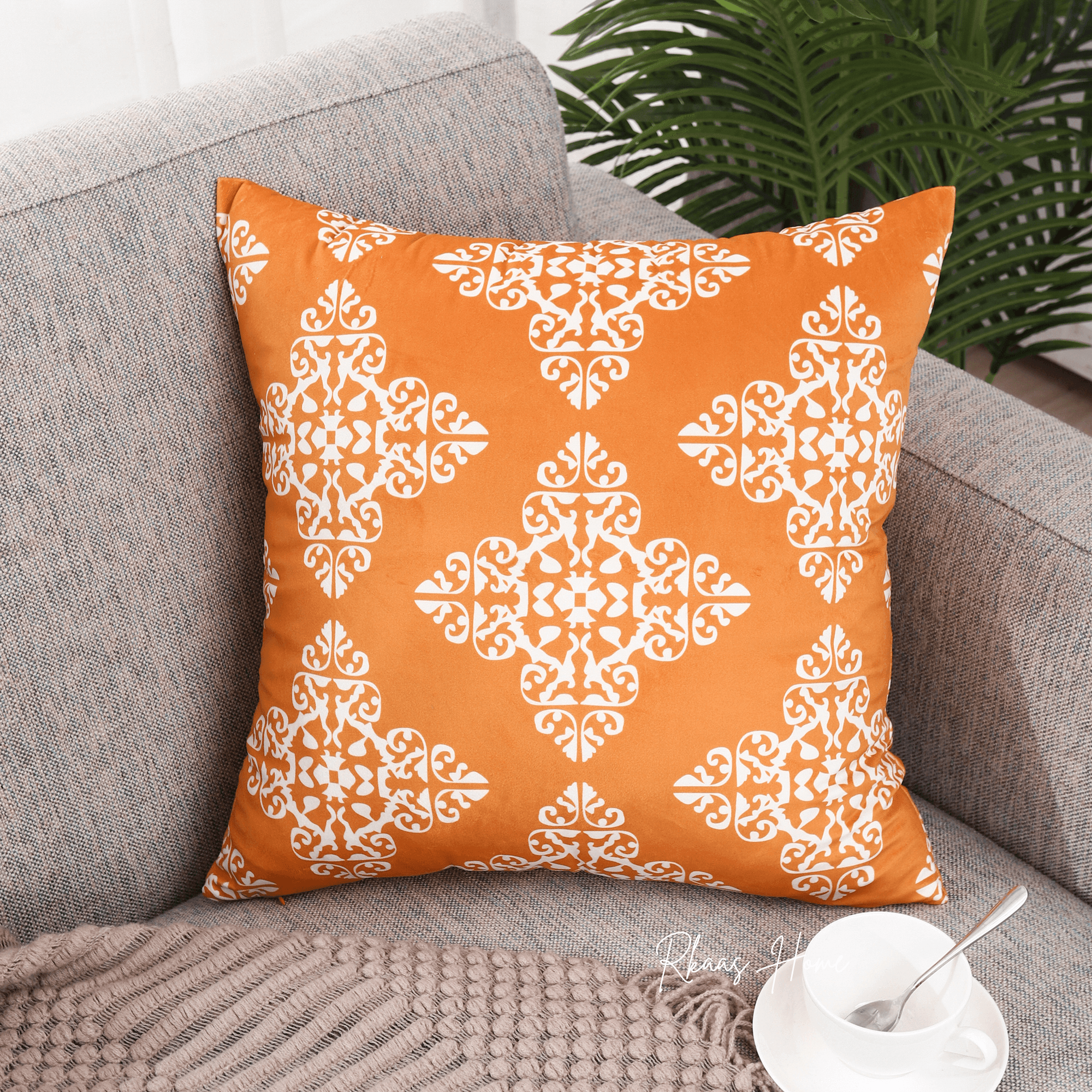 Designer Dutch Velvet Geometric Cushion Cover 45x45 cm - Orange-3