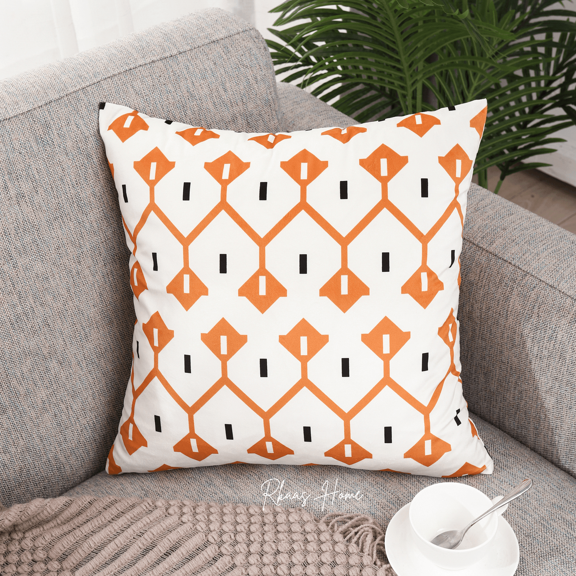 Designer Dutch Velvet Geometric Cushion Cover 45x45 cm - Orange-4