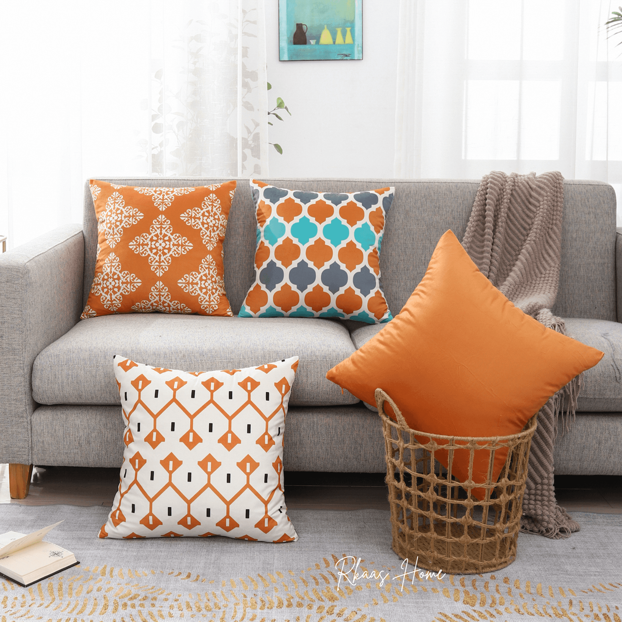 Designer Dutch Velvet Geometric Cushion Cover 45x45 cm - Orange-0