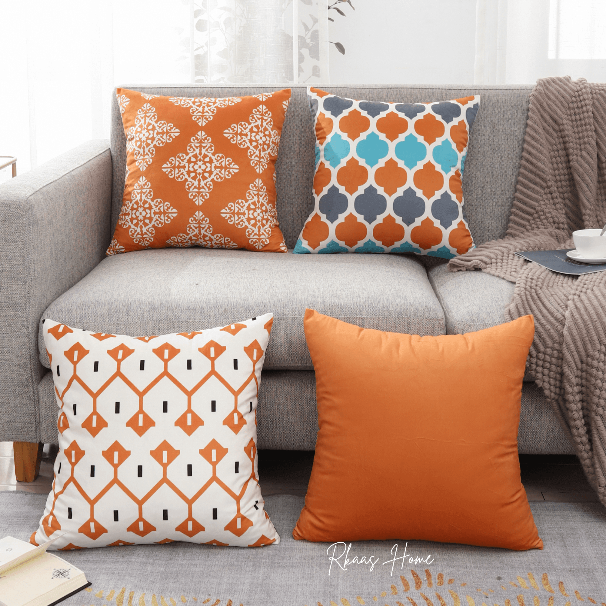 Designer Dutch Velvet Geometric Cushion Cover 45x45 cm - Orange-1