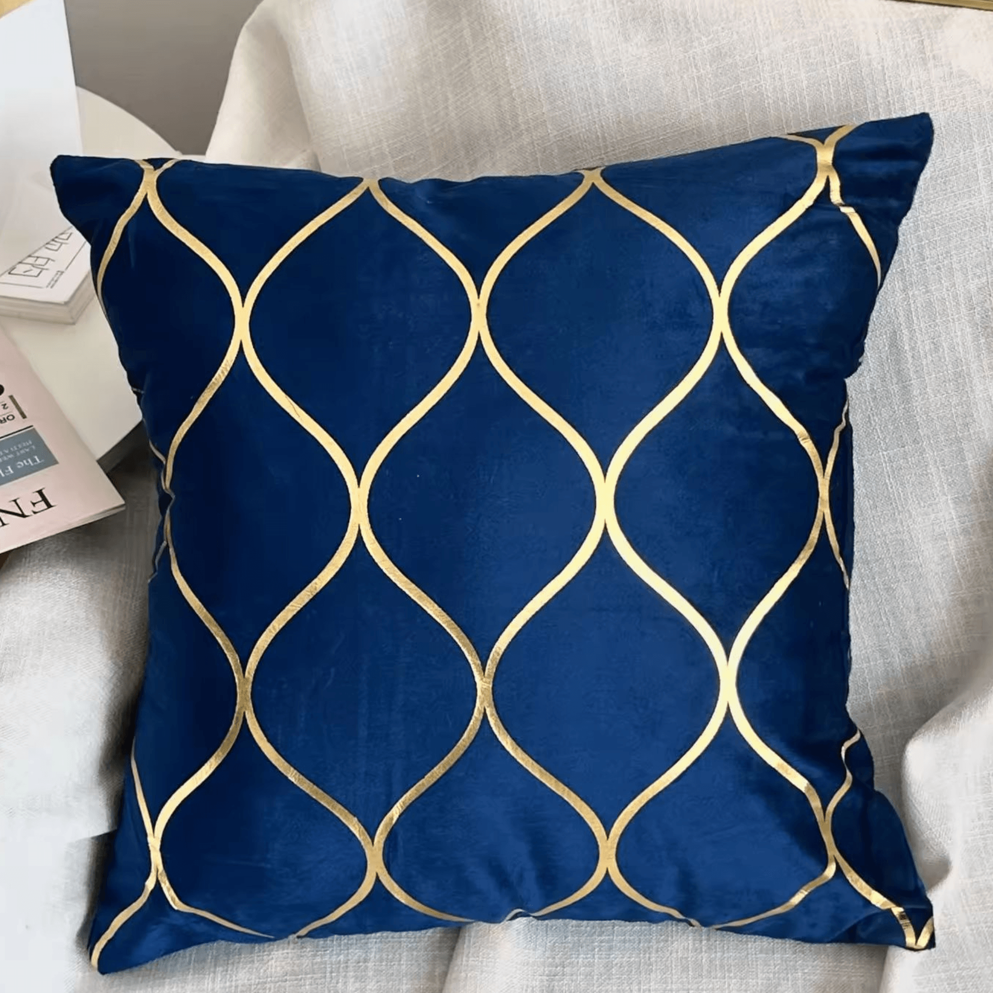 Dark Blue Velvet Cushion Cover with Gold Geometric Pattern – Luxury Decorative Pillowcase (45x45 cm)-0