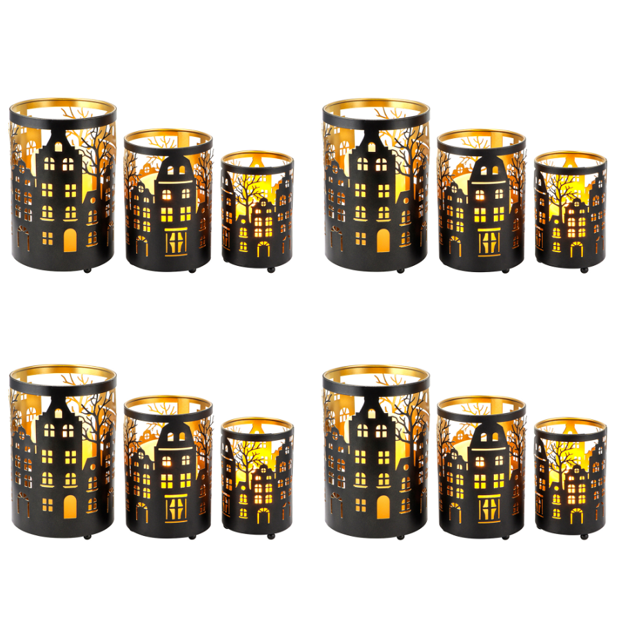 12PCS Village Silhouette Candle Lantern 7.5" H Etched Bronze Metal Candle Holder Decorations for Living Room Tabletop Parties Patio Entryway Indoors Outdoors-0