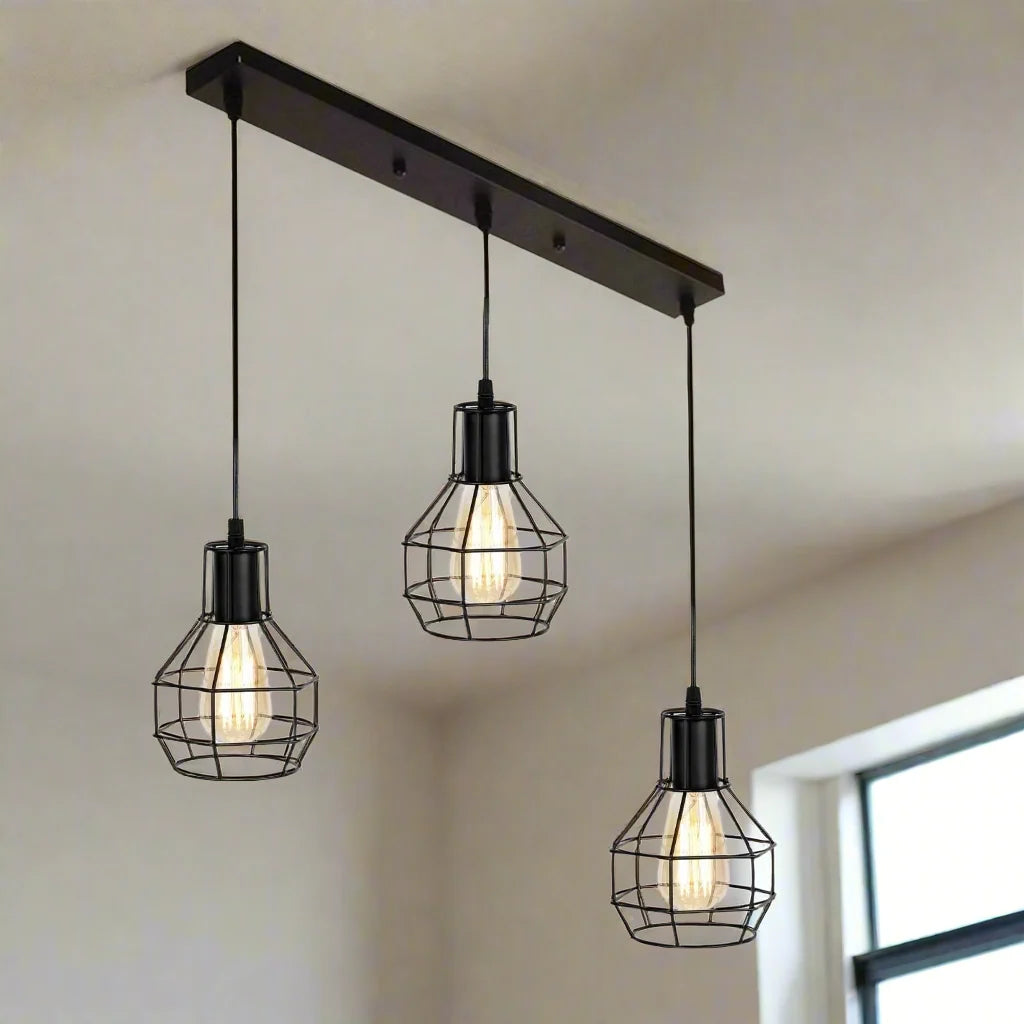3 Light Pendant Light Height Adjustable, E27 Ceiling Lights Metal Square Plate Hanging Lights for Dining Room, Coffee Shop ~ 5706-0