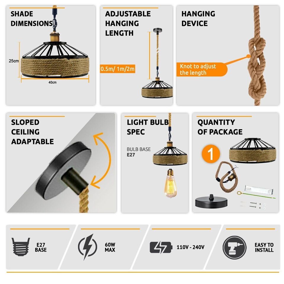 Industrial Hemp Rope Pendant Ceiling Light with FREE BULB~5082