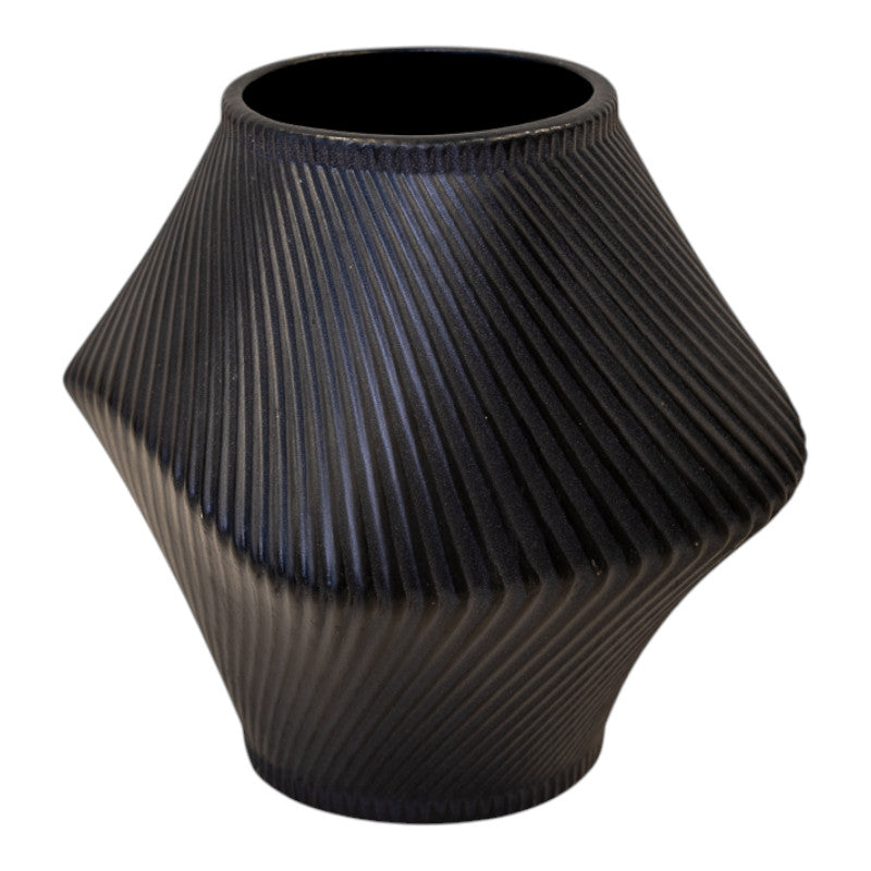 Short Graphite Sculptural Ribbed Vase.-0