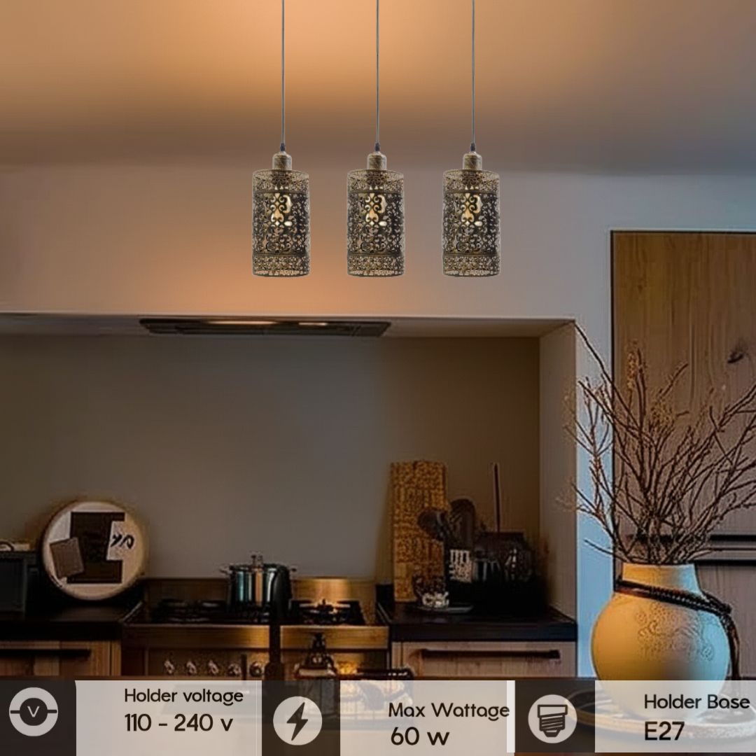 Industrial 3 Way Retro Brushed Copper Cage Ceiling Hanging Pendant Shade E27~3756-3