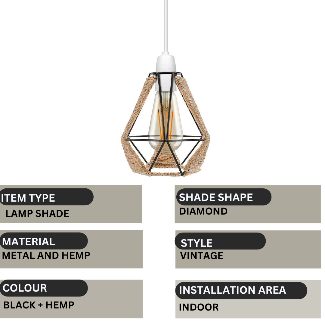 Diamond Shape Geometric Metal Cage Lampshade with Hemp Rope Detail ~4584-2