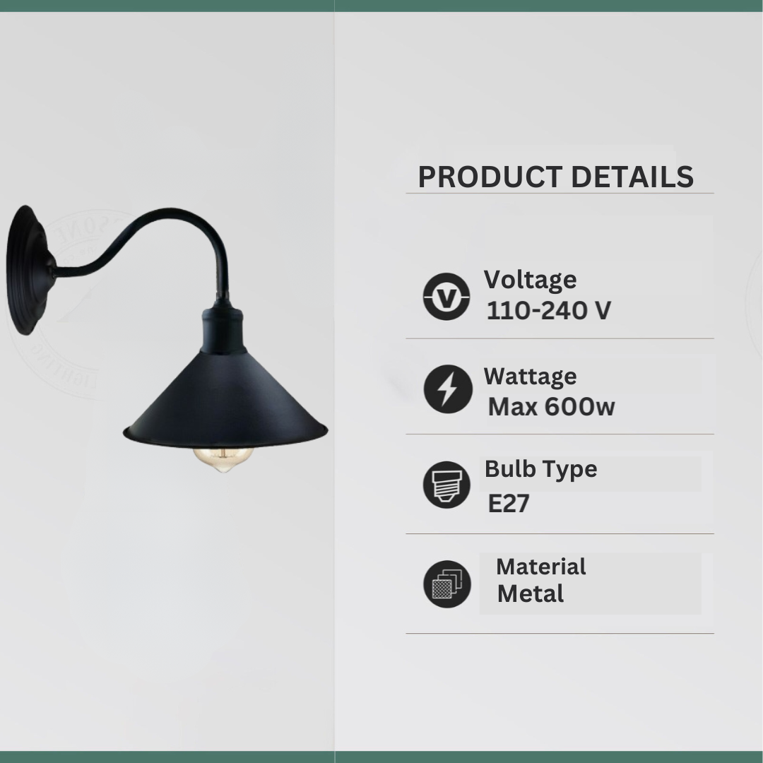 Industrial Swan Neck Wall Light Curved Arm Cone Fitting ~5575-3