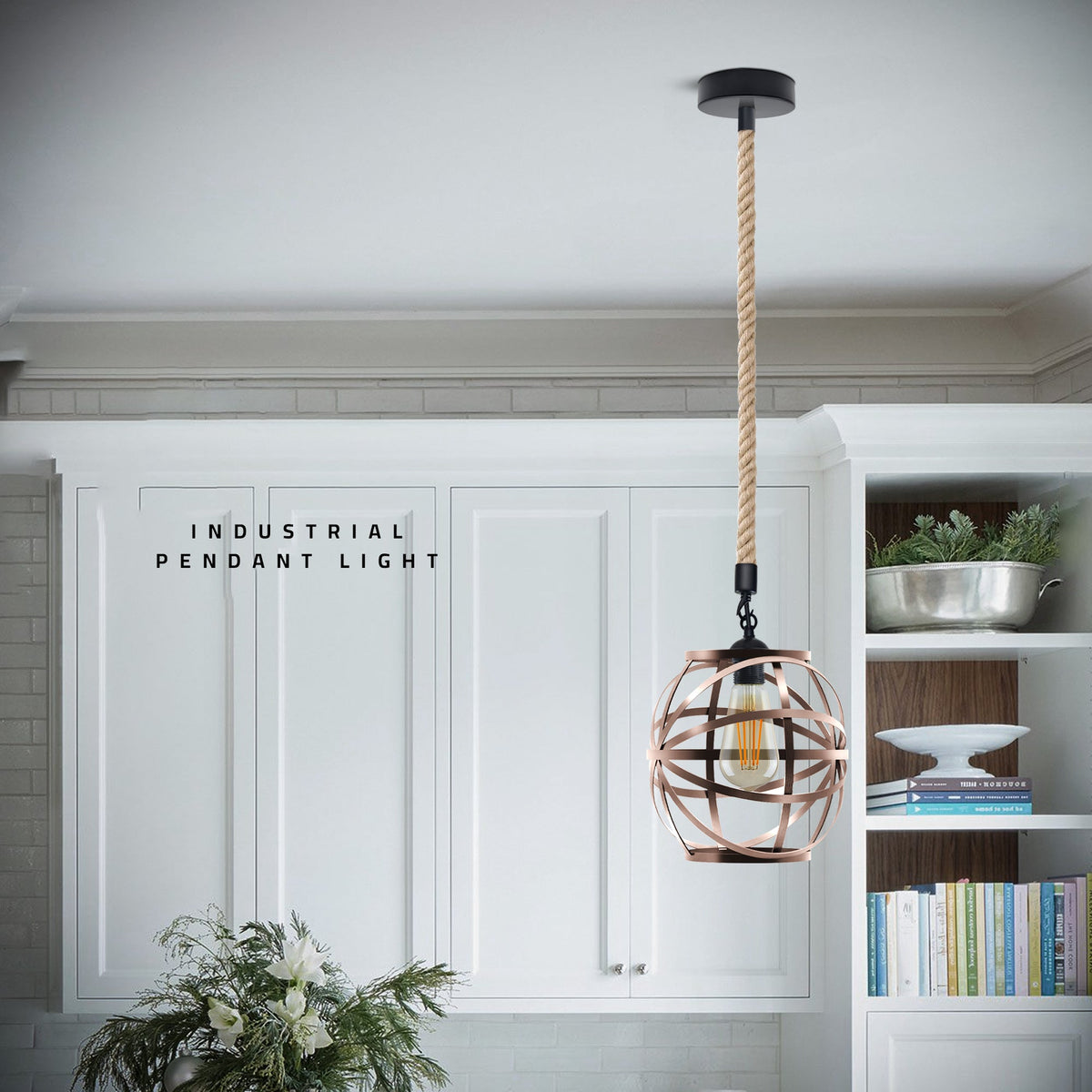 Single Ceiling Hemp Rope Hanging Pendant light with Bulb Guard wire cage light~5089-1