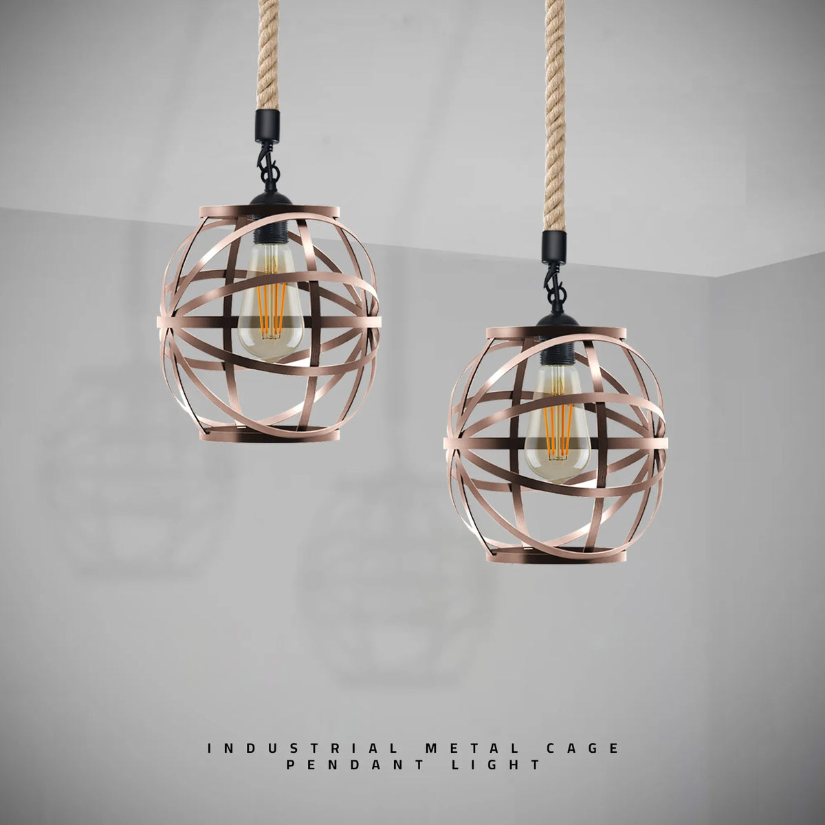 Single Ceiling Hemp Rope Hanging Pendant light with Bulb Guard wire cage light~5089-4