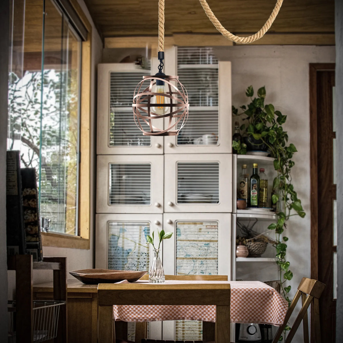 Industrial Hemp Cord Pendant Light Copper Wire Cage Fitting~5087-1