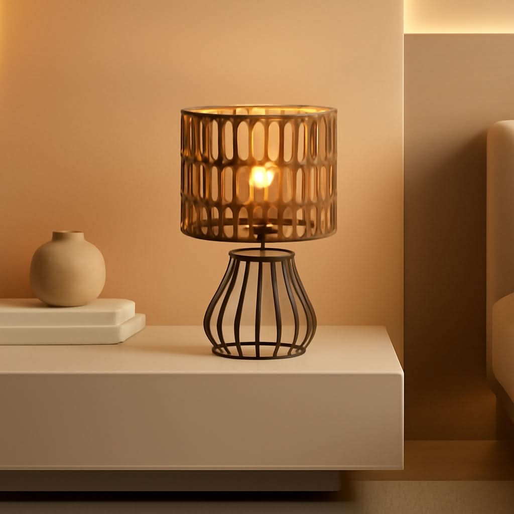 Small Black Boho Bedside Lamp Handwoven Shade Black Metal Base-0