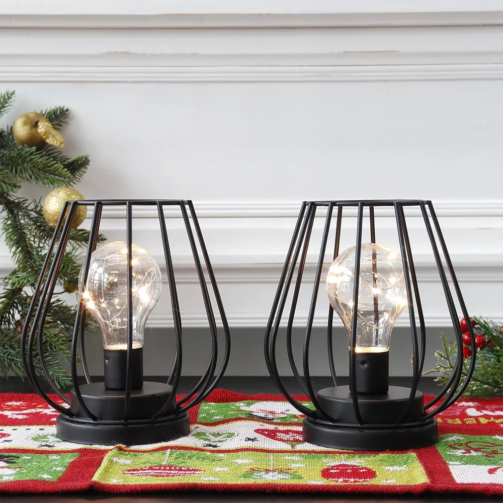 7''Tall  Set of 2 Metal Battery Operated Lamp  (Black)-2