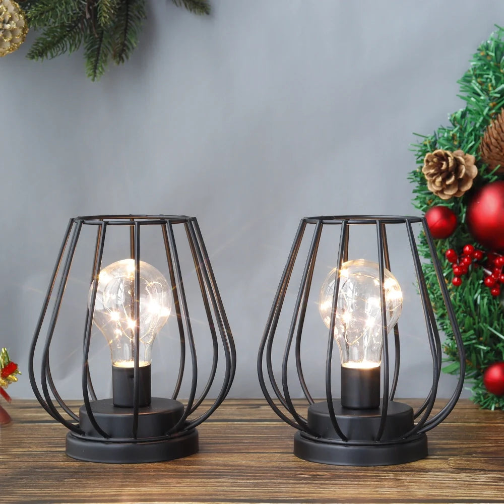 7''Tall  Set of 2 Metal Battery Operated Lamp  (Black)-3