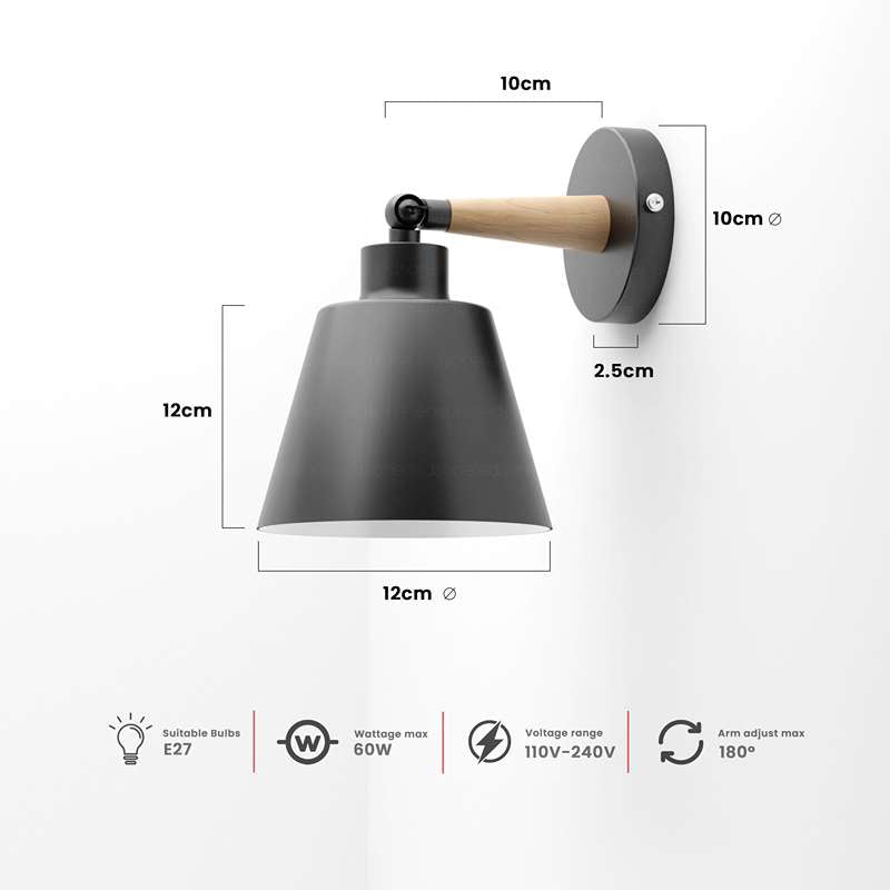 Modern Black Wood Wall Sconce | Rotatable E27 Wall Lamp ~4726-2