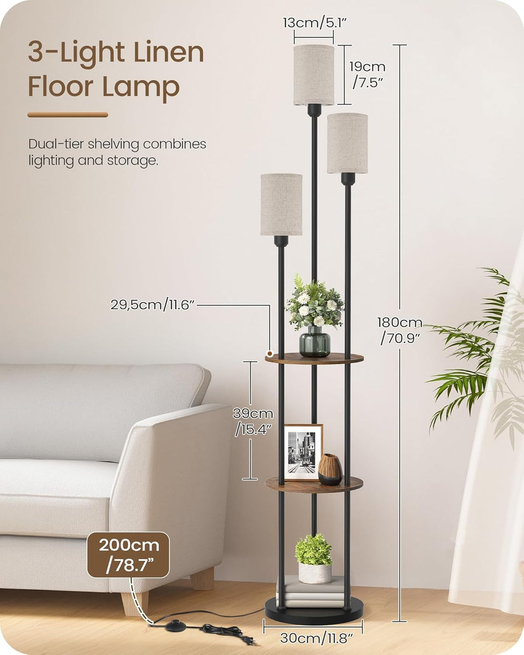 70.9Inch Floor Lamp With Rustic Shelving Unit Storage-2