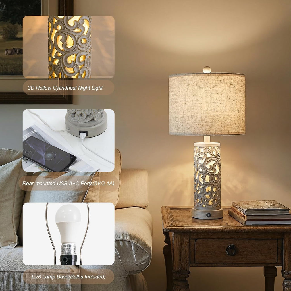 22 Inch Farmhouse Bedside Lamps with USB Night Light Set of 2-3