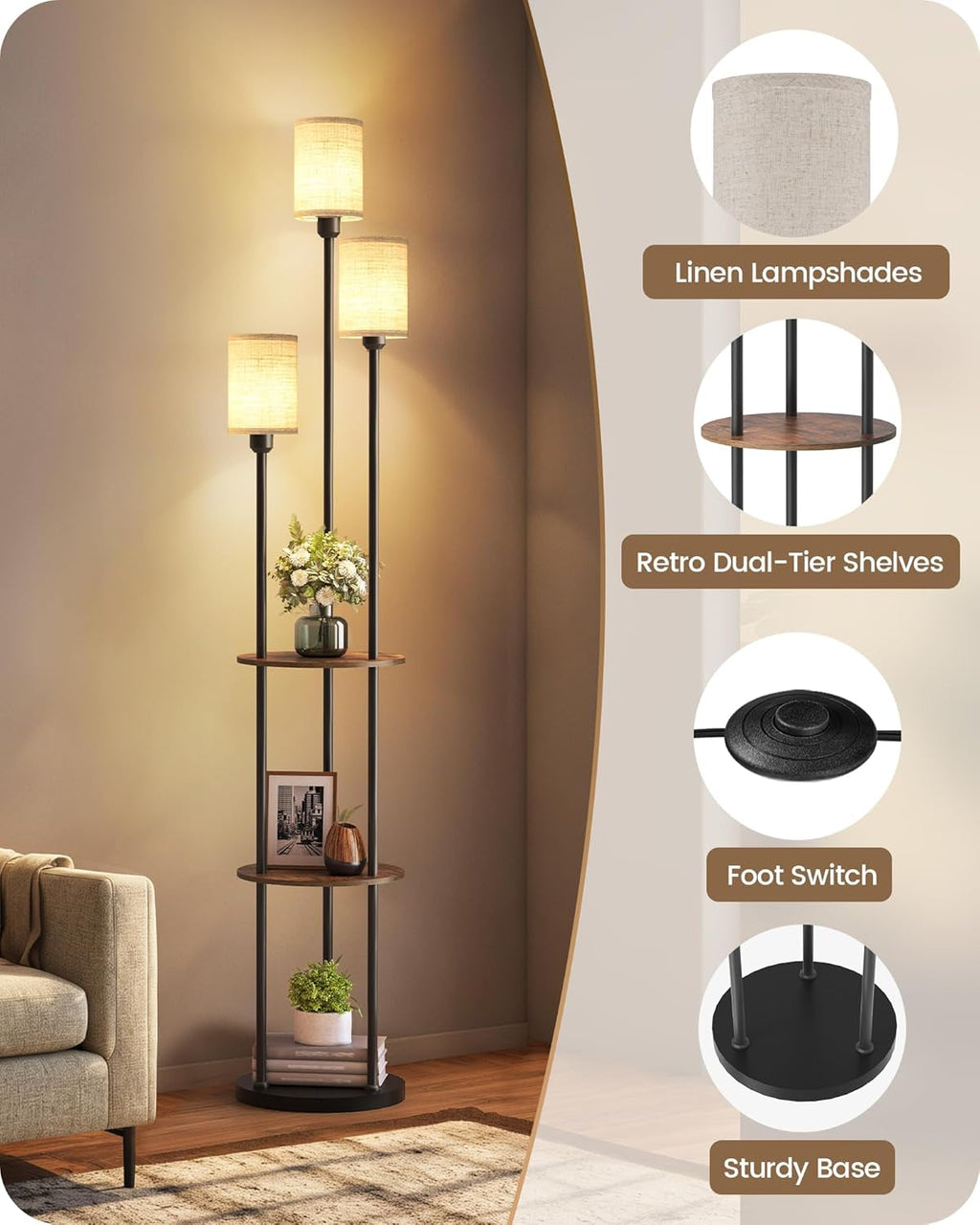 70.9Inch Floor Lamp With Rustic Shelving Unit Storage-3