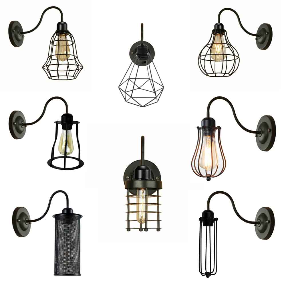 Industrial Cage Wall Light Vintage E27 Matt Black~2900-0