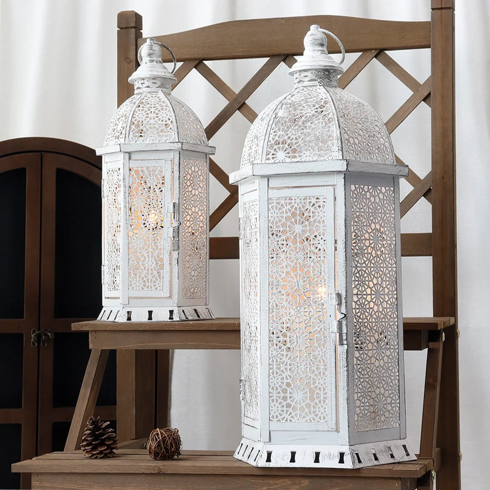 Set of 2-15"&19.5"H White Metal Lanterns-1