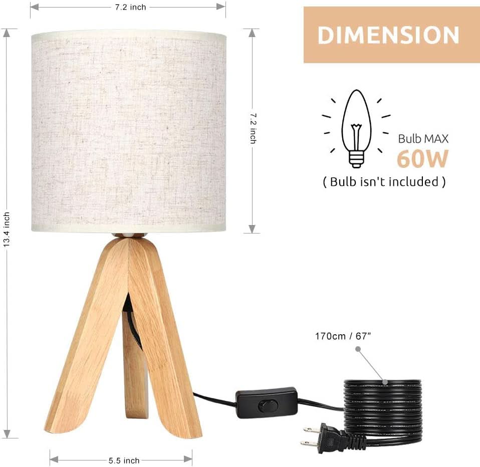 Wooden Tripod Bedside Table Lamp Linen Fabric Shade 13.4 Inch-1