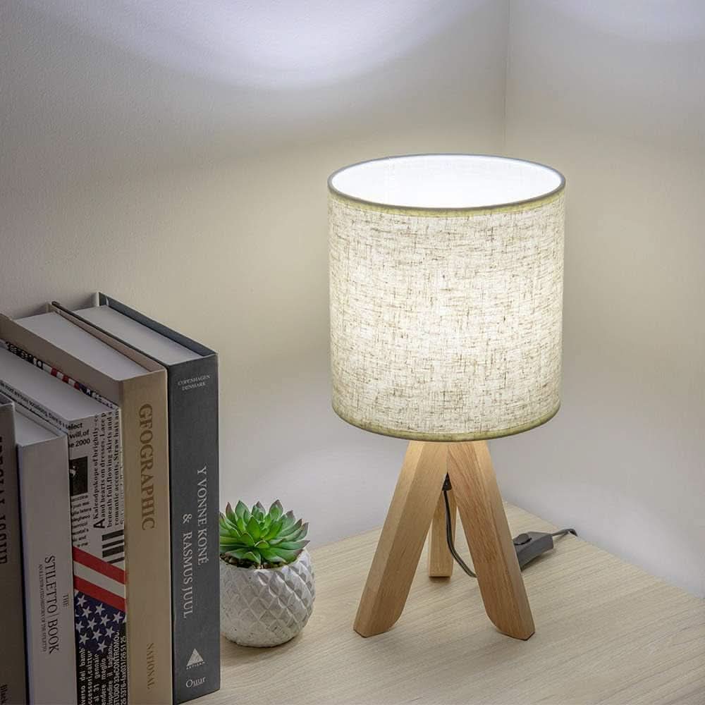 Wooden Tripod Bedside Table Lamp Linen Fabric Shade 13.4 Inch-4