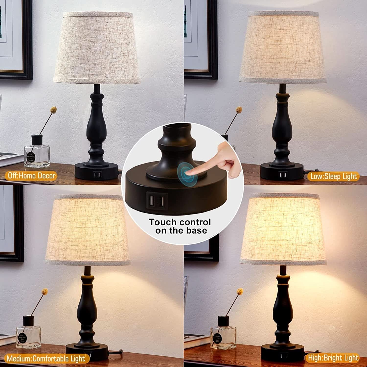 Table Lamps Set of 2 With USB Charging Ports Bedside Modern-1
