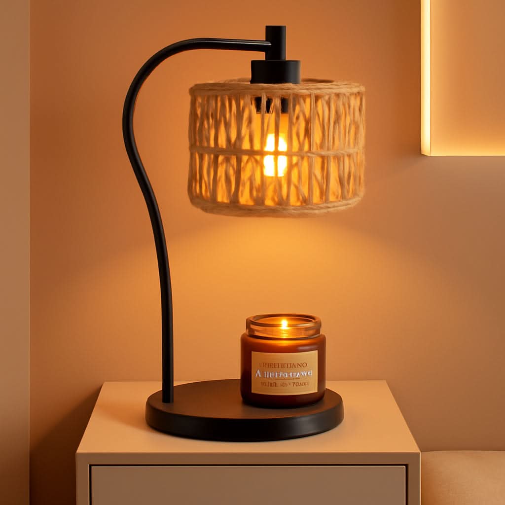 Candle Warmer Lamp With Fully Dimmable Rattan Shade-0