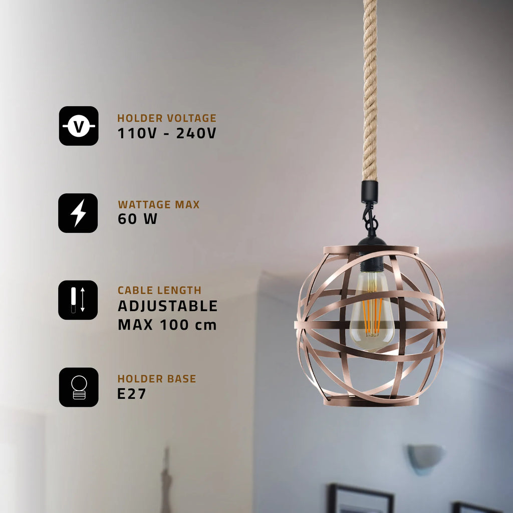 Single Ceiling Hemp Rope Hanging Pendant light with Bulb Guard wire cage light~5089-0