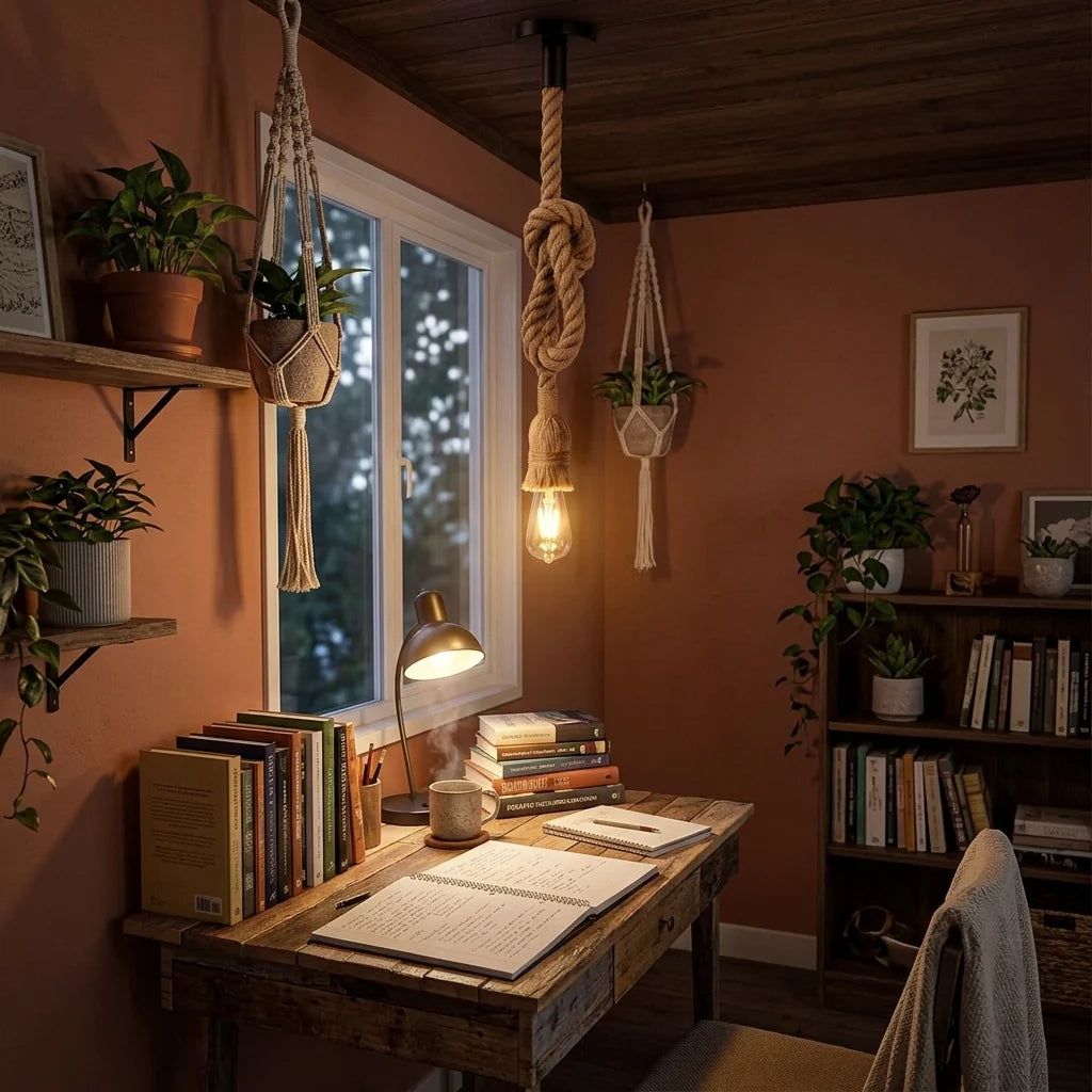 Industrial Hemp Rope Pendant Light E27 Handcrafted Ceiling Lamp~ 6040-3