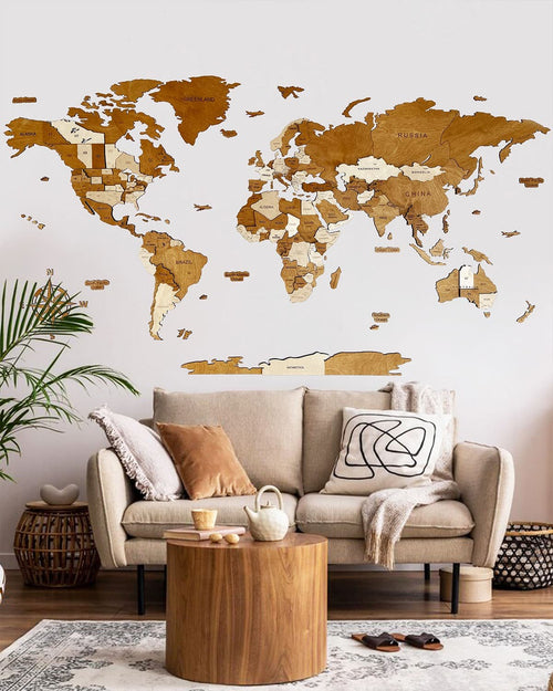 Wooden 3D wall map of the world | CAPPUCCINO-0