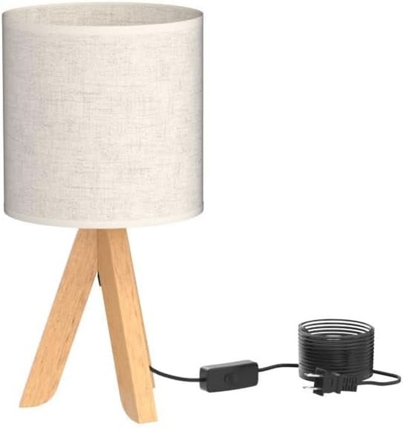 Wooden Tripod Bedside Table Lamp Linen Fabric Shade 13.4 Inch-3