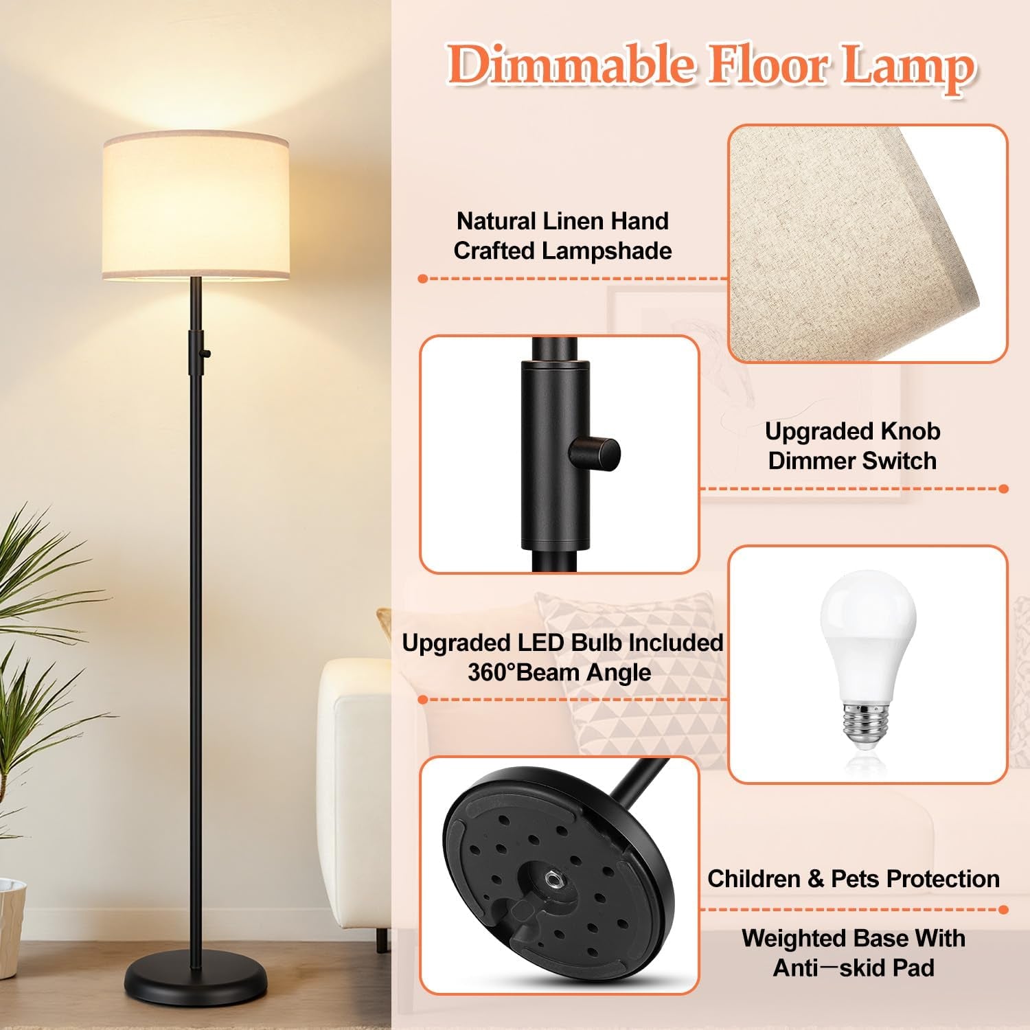 Black Dimmable Tall Floor Lamp 1000Lumens Linen Shade-3