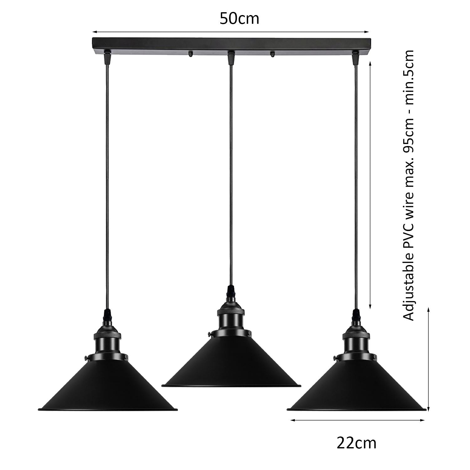 Black Metal Cone Shade Pendant Light Fixture~3393-2